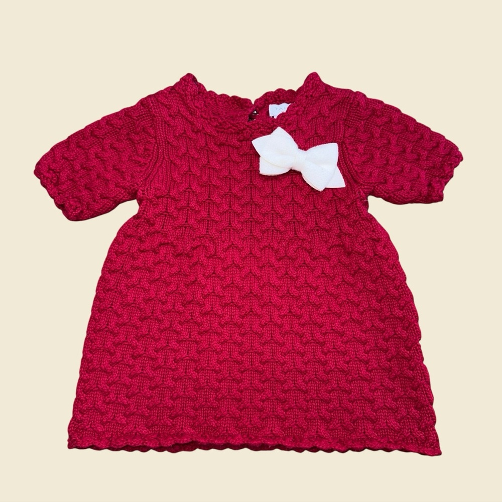 Tahari Red Knit Baby Dress with White Detail
